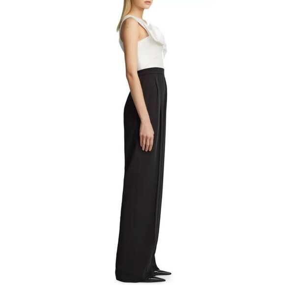 NWT Zac Posen Womens One Shoulder Bow Wide Leg Jumpsuit 8 Black/White-F9 - Picture 4 of 10